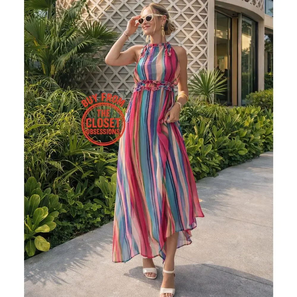 MANGO Stripe Halter Maxi Dress Resort Vacation Cruise Dress NWT Size 4 6